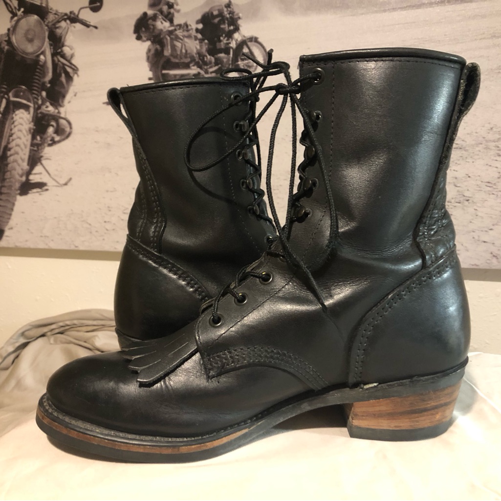 Vintage Durango 8.5 Black Leather Kiltie Lace Up Stitched Vibram Sole Boots